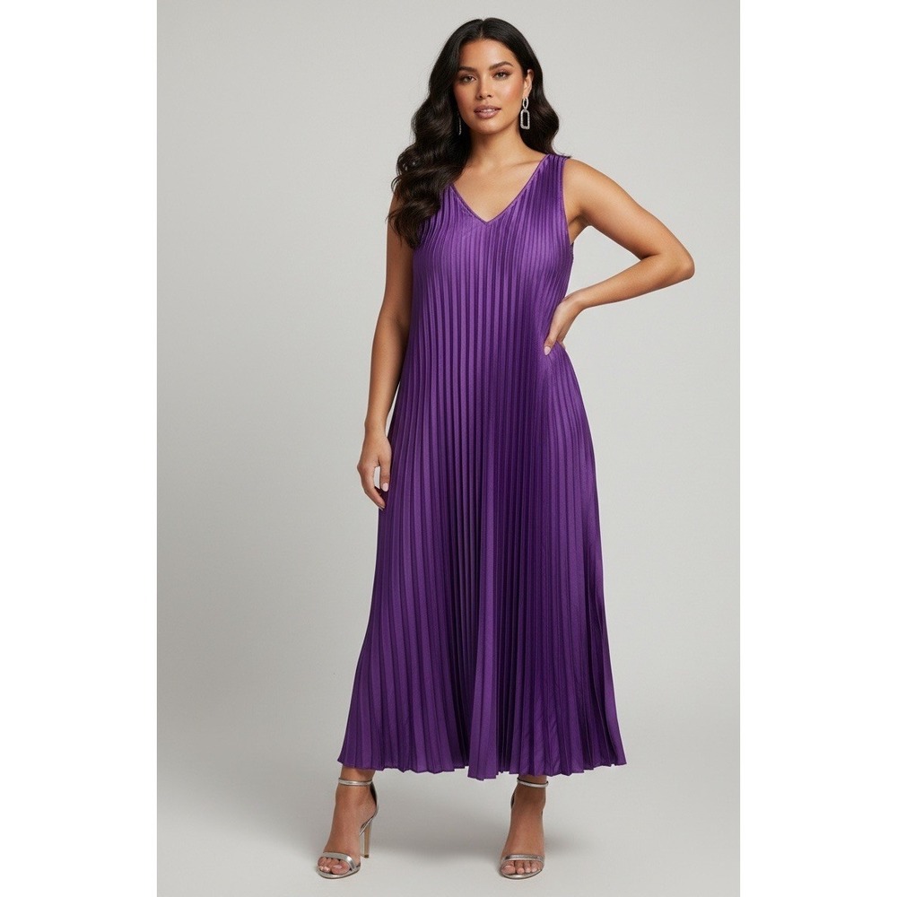 Kana Womens V-Neck Sleeveless Satin Pleated Midi‎ Long Purple Dress Medium